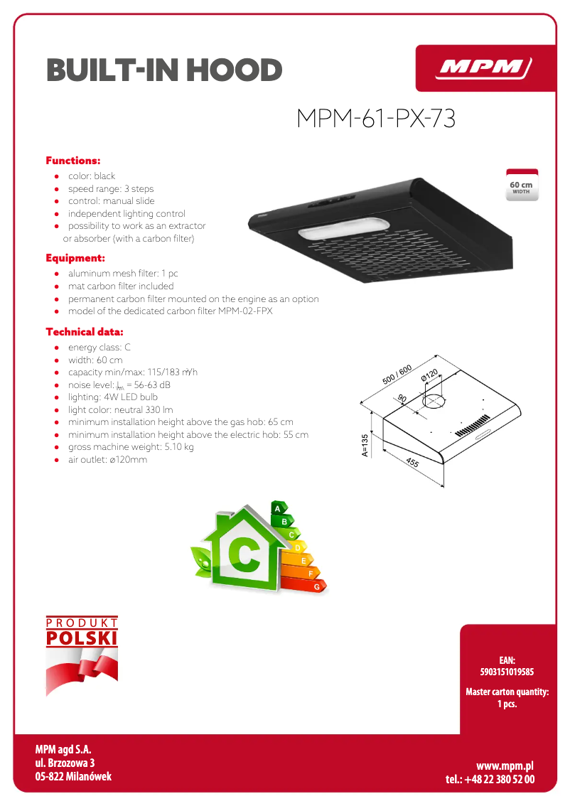 Page 1 de la notice Fiche technique MPM MPM-61-PX-73