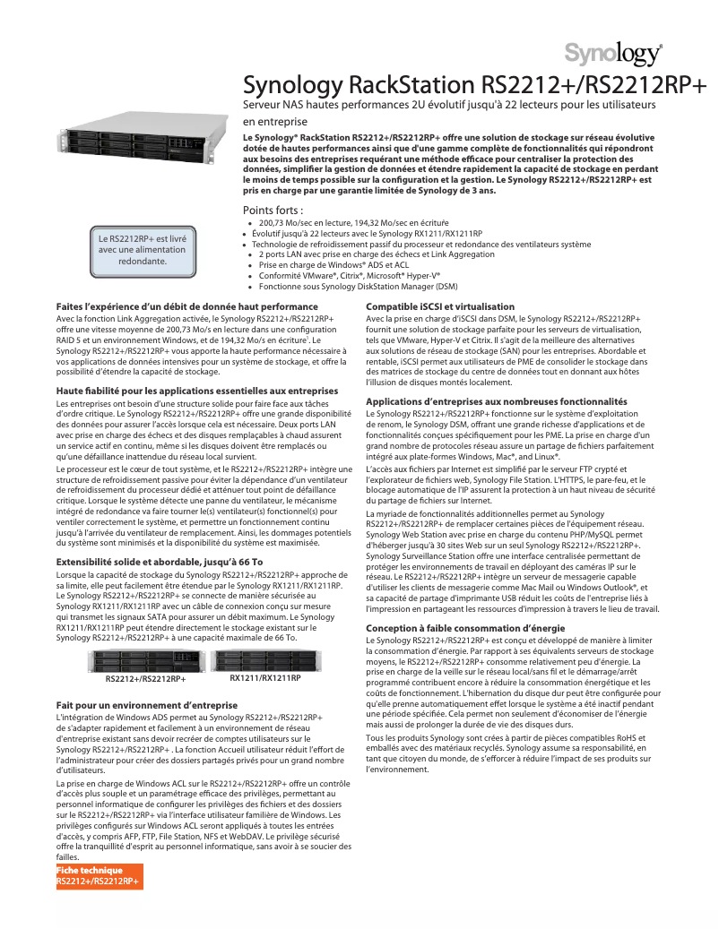 Page 1 de la notice Fiche technique Synology RS2212RP+