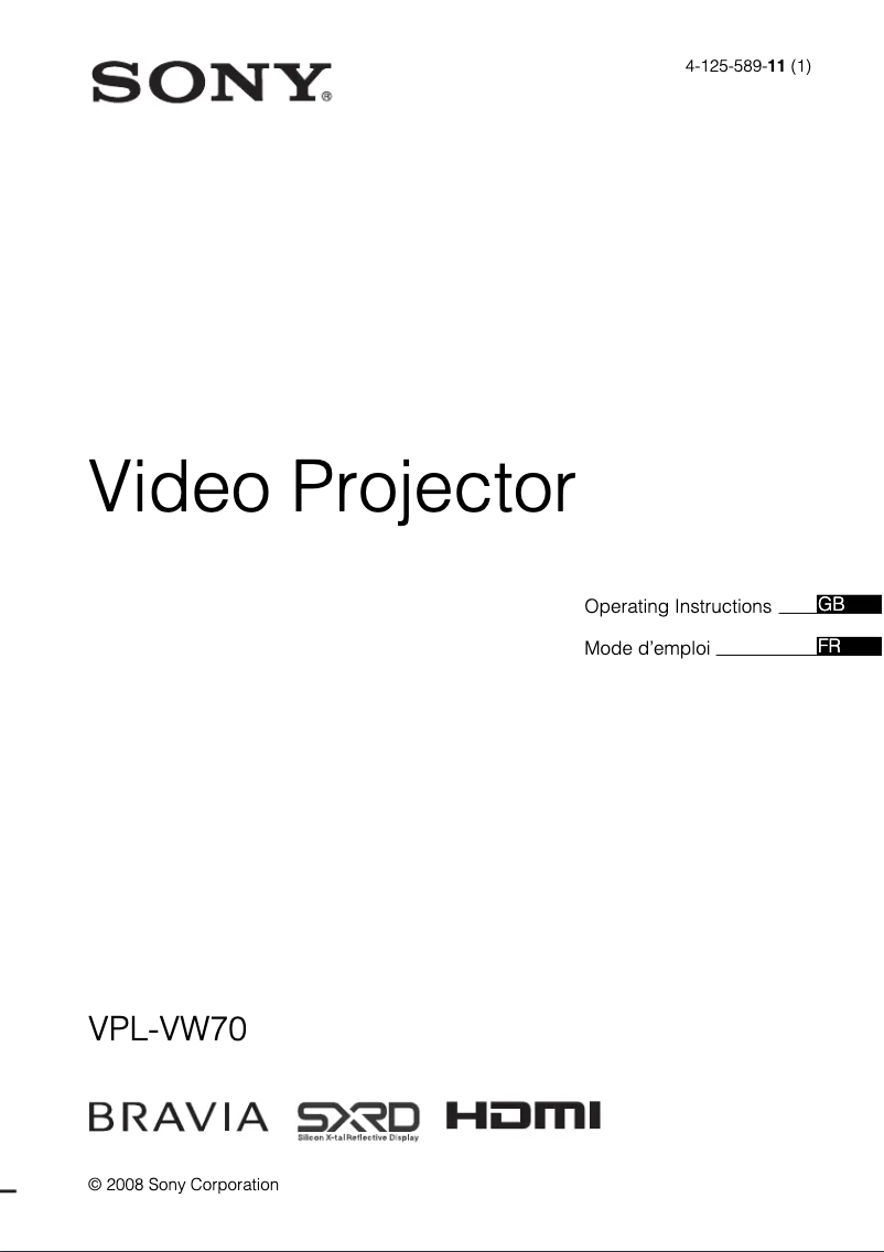 Page 1 de la notice Manuel utilisateur Sony VPL-VW70