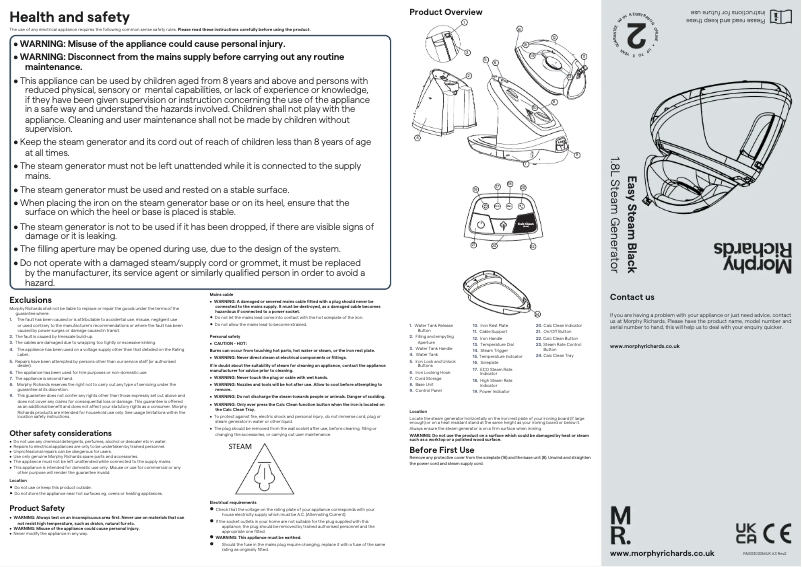 Page 1 de la notice Manuel utilisateur Morphy Richards Easy Steam 333030