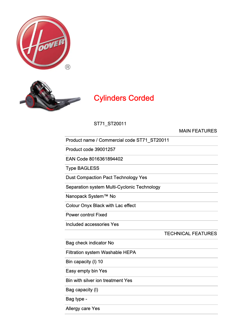 Página 1 del manual Ficha técnica Hoover ST71_ST20011