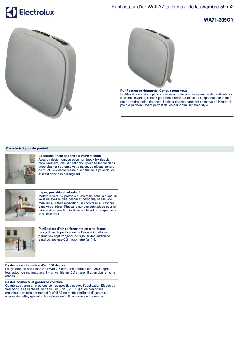 Page 1 of the manual Technical Sheet Electrolux Well A7 WA71-305GY