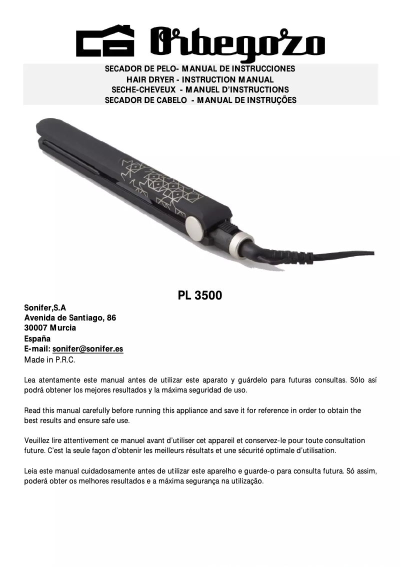 Page n°1 - Manuel utilisateur Orbegozo PL 3500