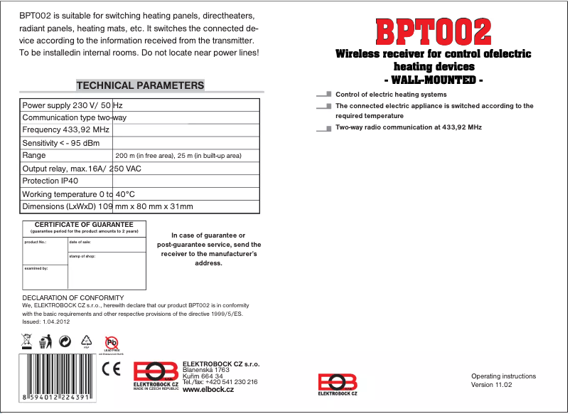 Image de la première page du manuel de l'appareil BT002