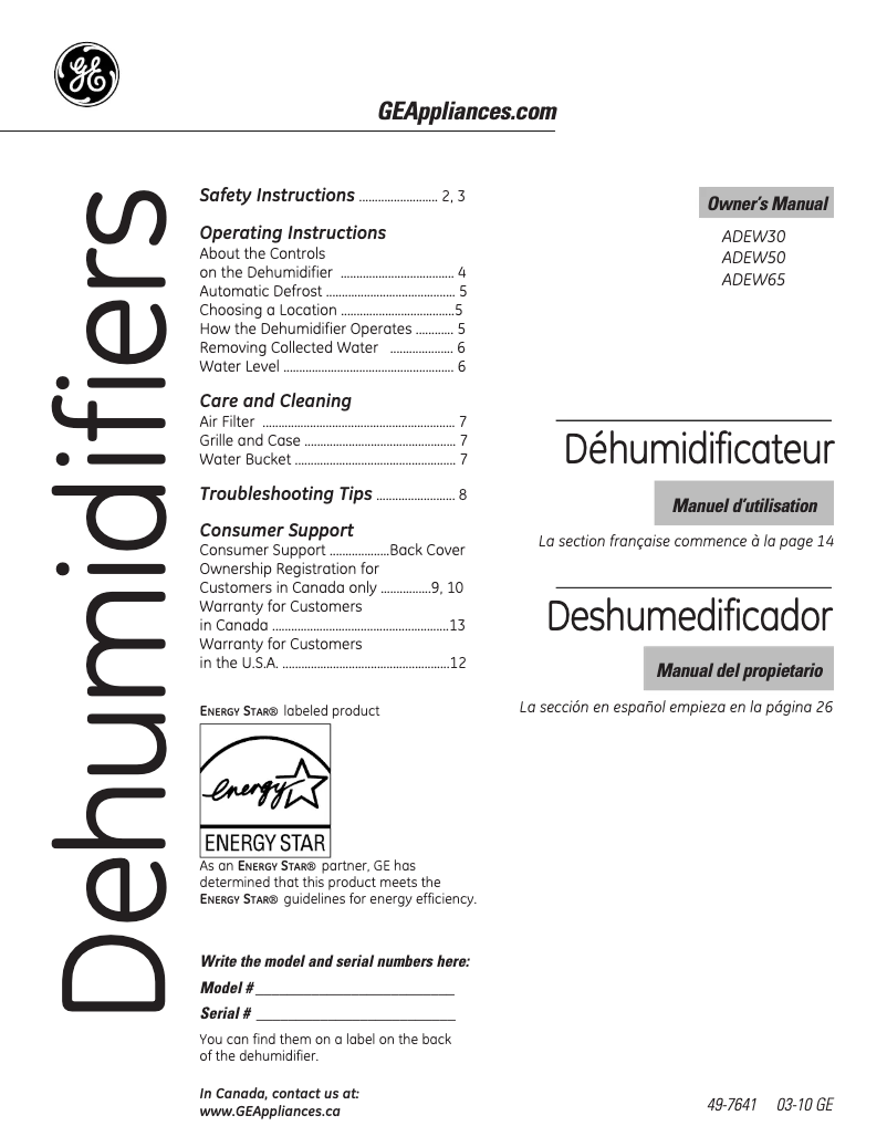 Page 1 de la notice Manuel d'utilisation et d'entretien GE AEV05LN
