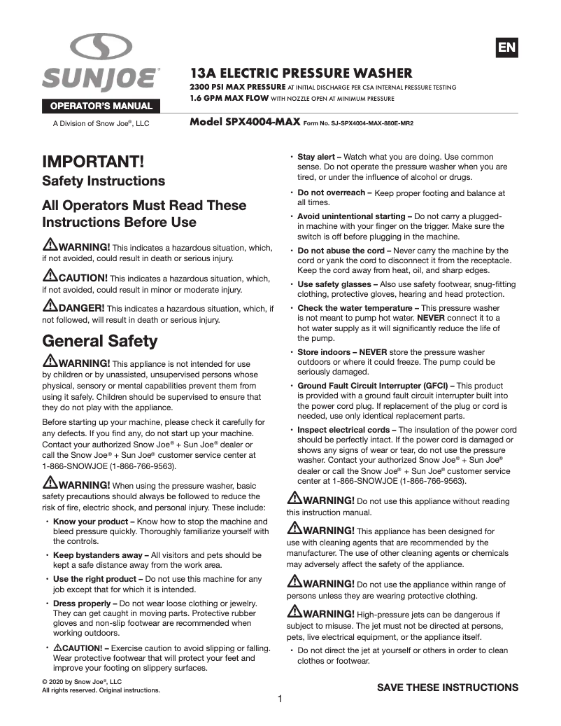 Page 1 de la notice Manuel utilisateur Sun Joe SPX4004-MAX