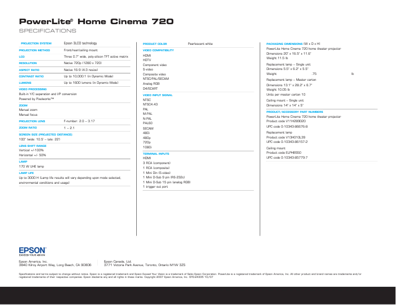 Image de la première page du manuel de l'appareil PowerLite Home Cinema 720