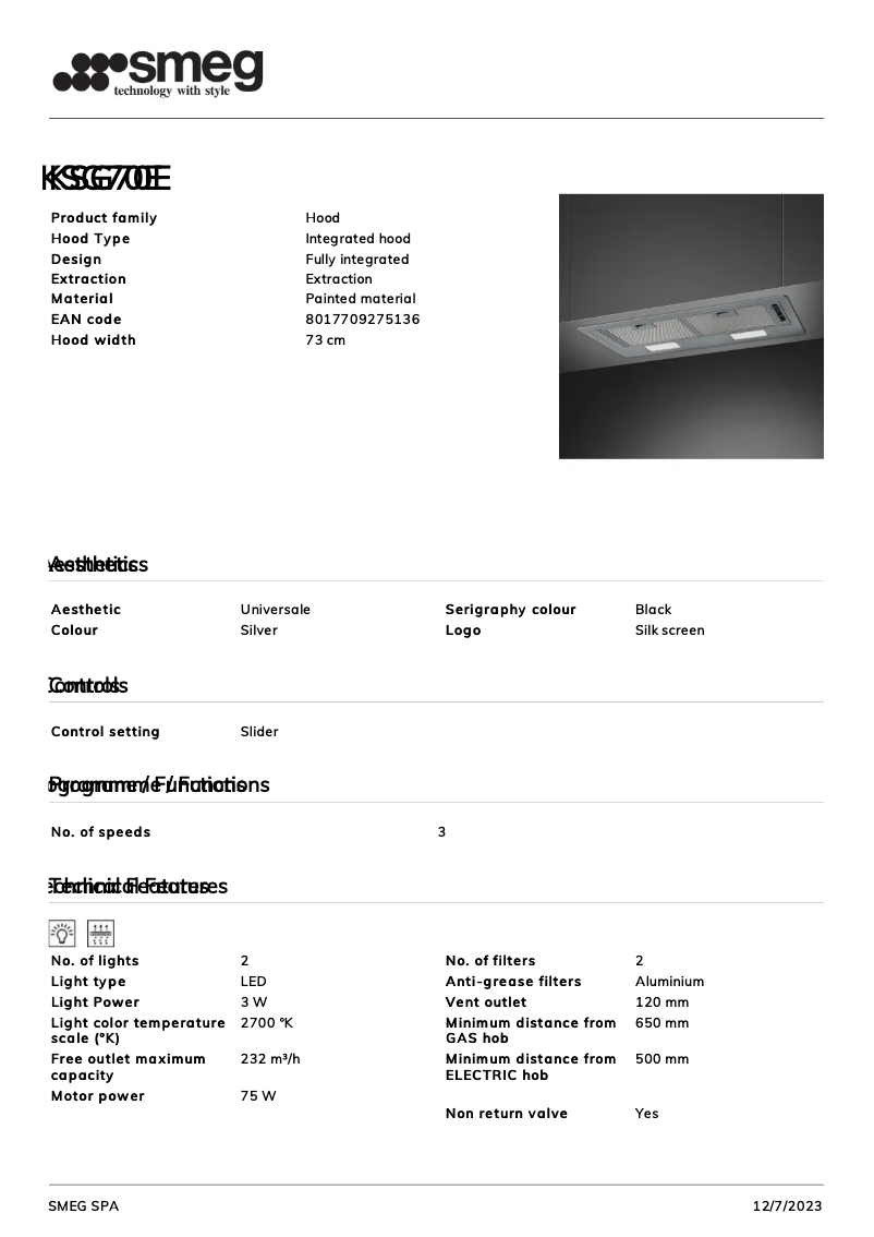 Page 1 de la notice Fiche technique Smeg KSG70E