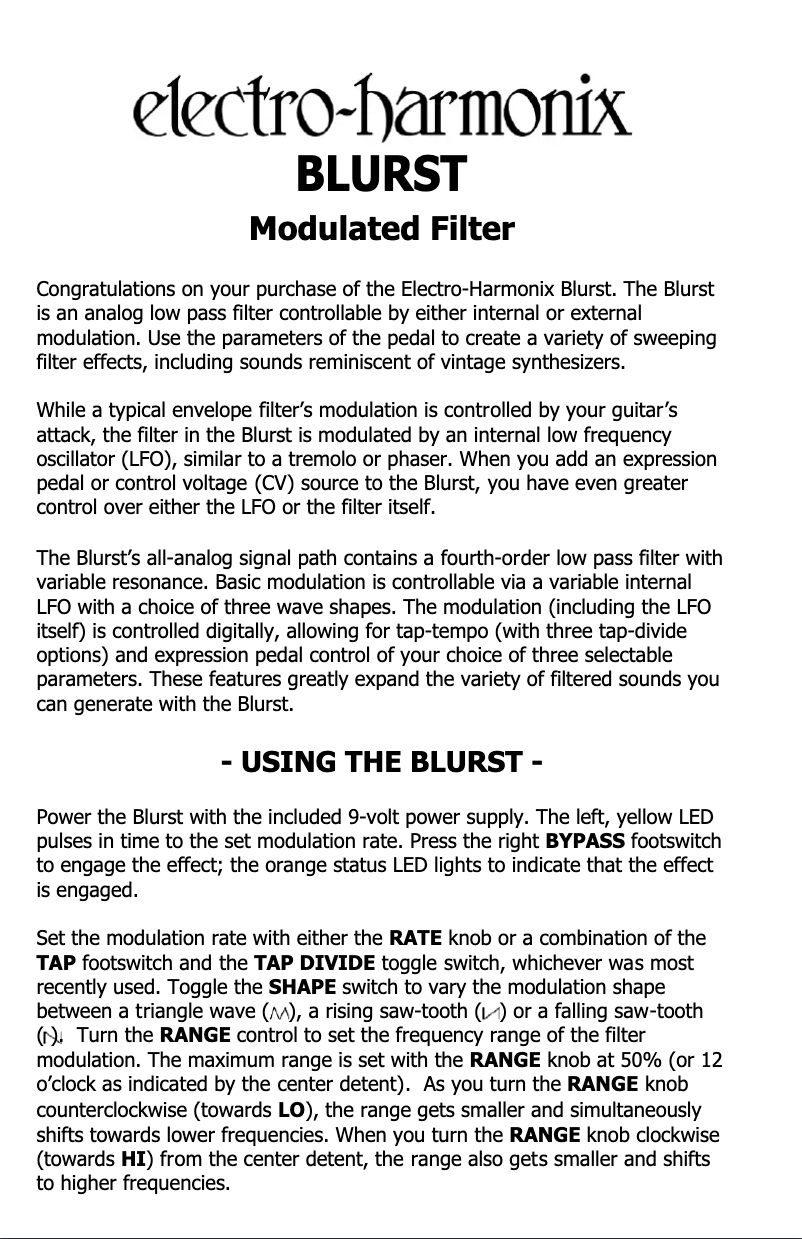 Page 1 de la notice Manuel utilisateur Electro Harmonix Blurst