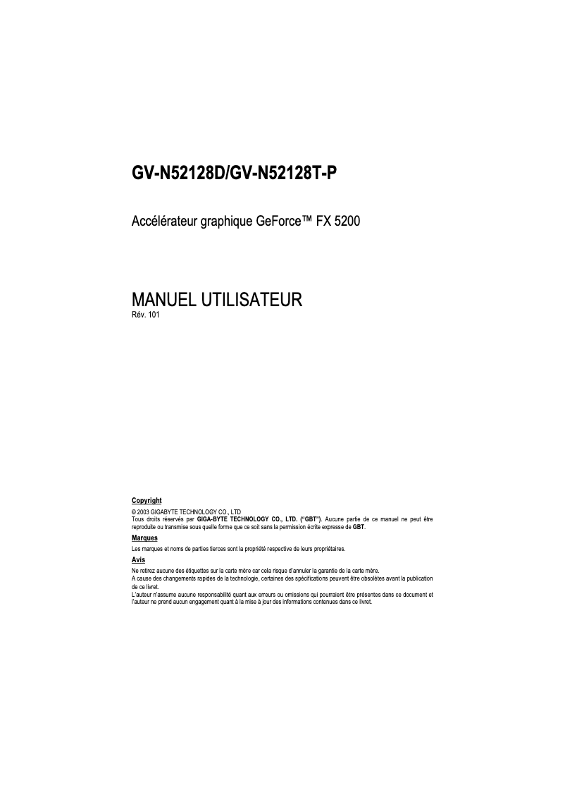 Page 1 de la notice Manuel utilisateur Gigabyte GV-N52128T-P