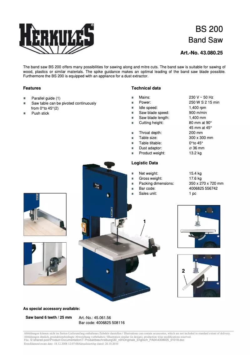 Page 1 of the manual Technical Sheet Herkules BS 200