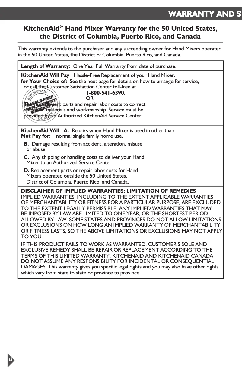 Page n°1 - Informations de garantie KitchenAid KHM929CU