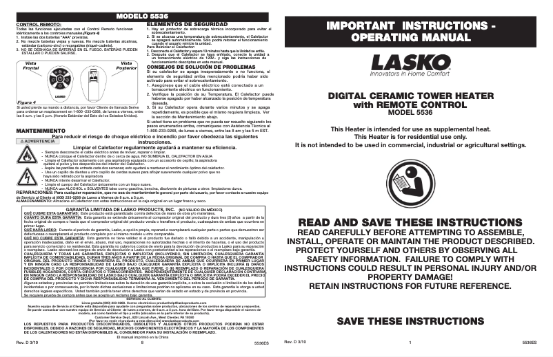 Page 1 de la notice Manuel utilisateur Lasko 5536