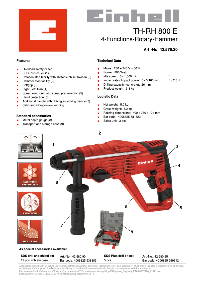 Page n°1 - Fiche technique Einhell TH-RH 800 E