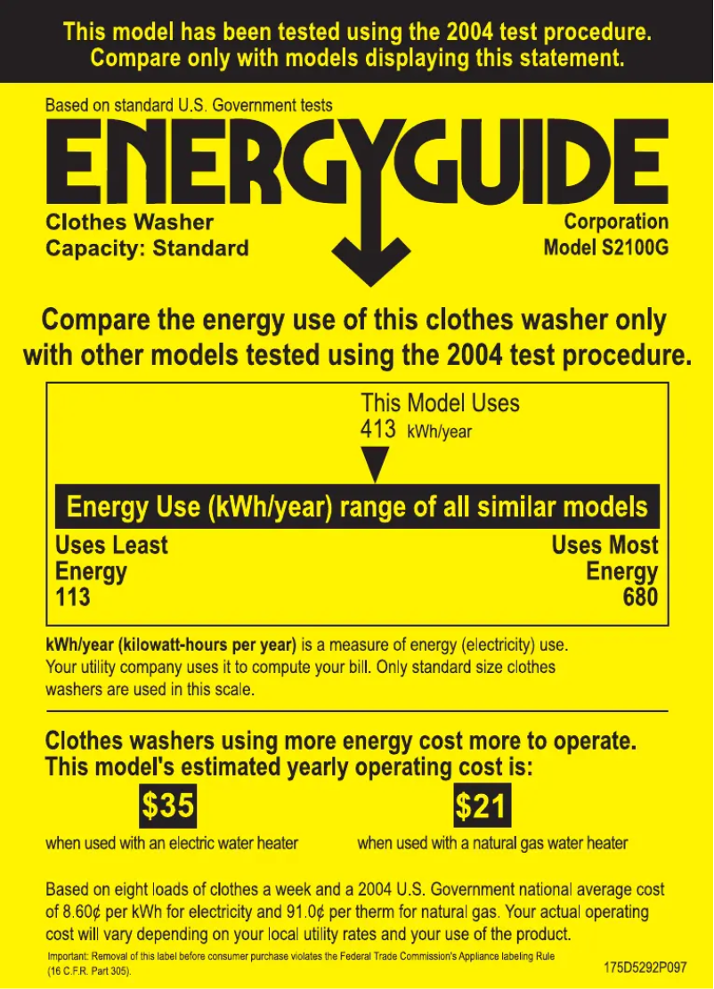 Page 1 de la notice Label énergétique GE S2100GWW