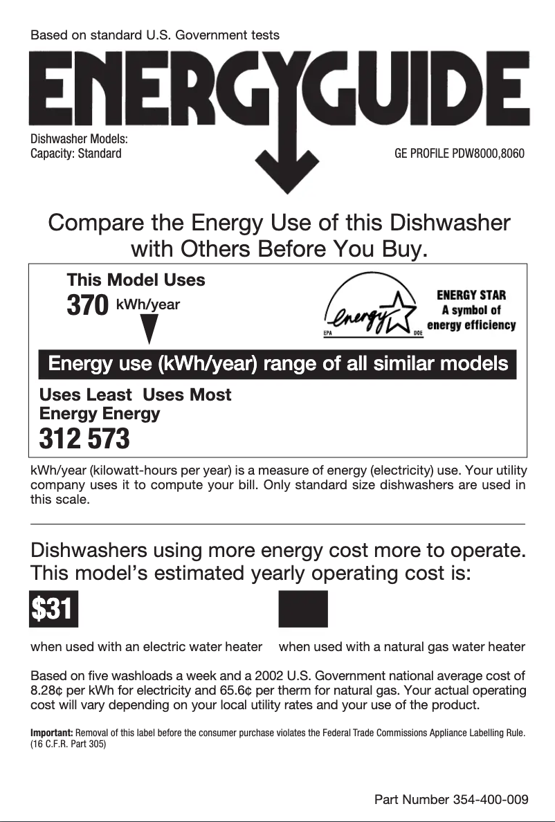 Page 1 de la notice Label énergétique GE Profile PDW8060GSS