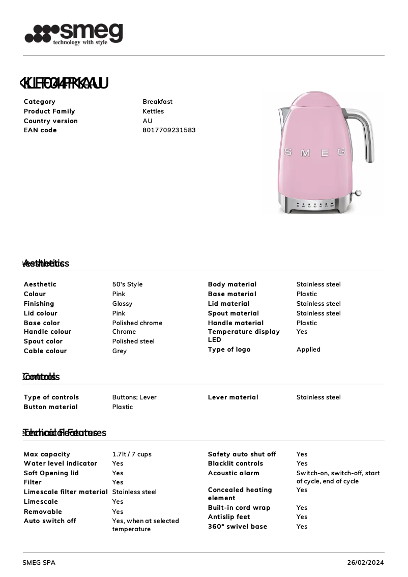 Page n°1 - Fiche technique Smeg KLF04