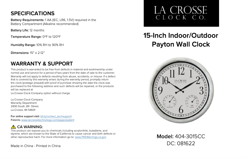 Page 1 de la notice Manuel utilisateur La Crosse Technology Payton 404-3015CC