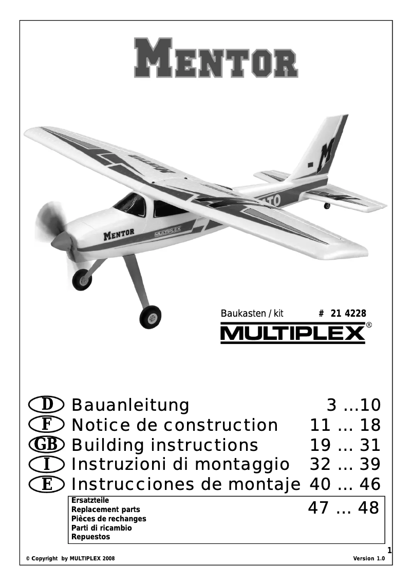 Page 1 de la notice Manuel utilisateur Multiplex Kit Mentor