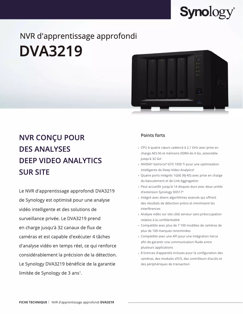 Page 1 de la notice Fiche technique Synology DVA3219