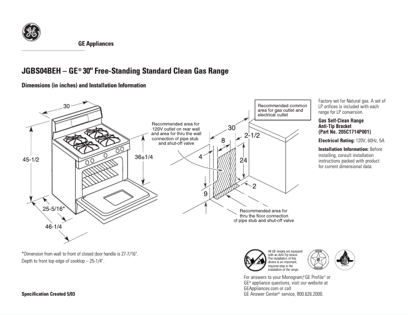 Page 1 de la notice Fiche technique GE JGBS04BEHWH