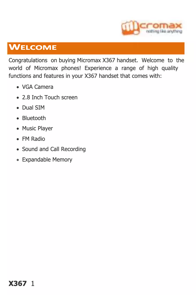 Page 1 de la notice Manuel utilisateur Micromax X367