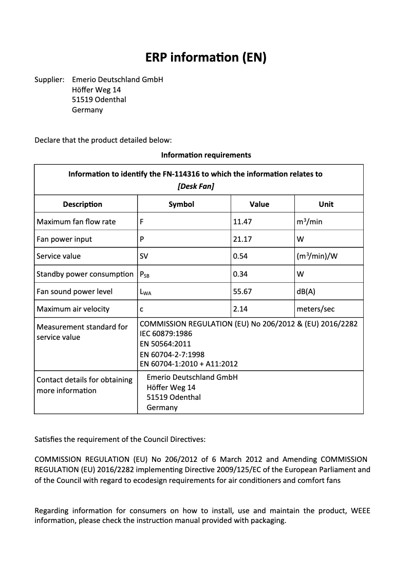 Page 1 de la notice Fiche technique Emerio FN-114316