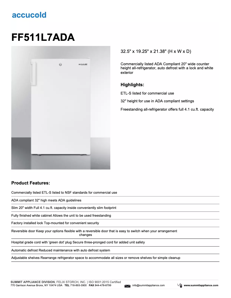 Page n°1 - Fiche technique Summit Accucold FF511L7ADA