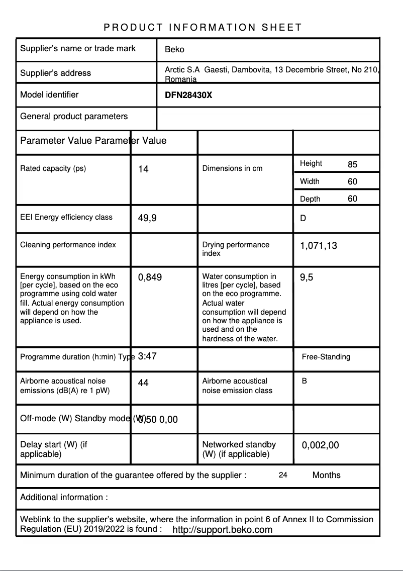 Page 1 de la notice Brochure Beko DFN28430X