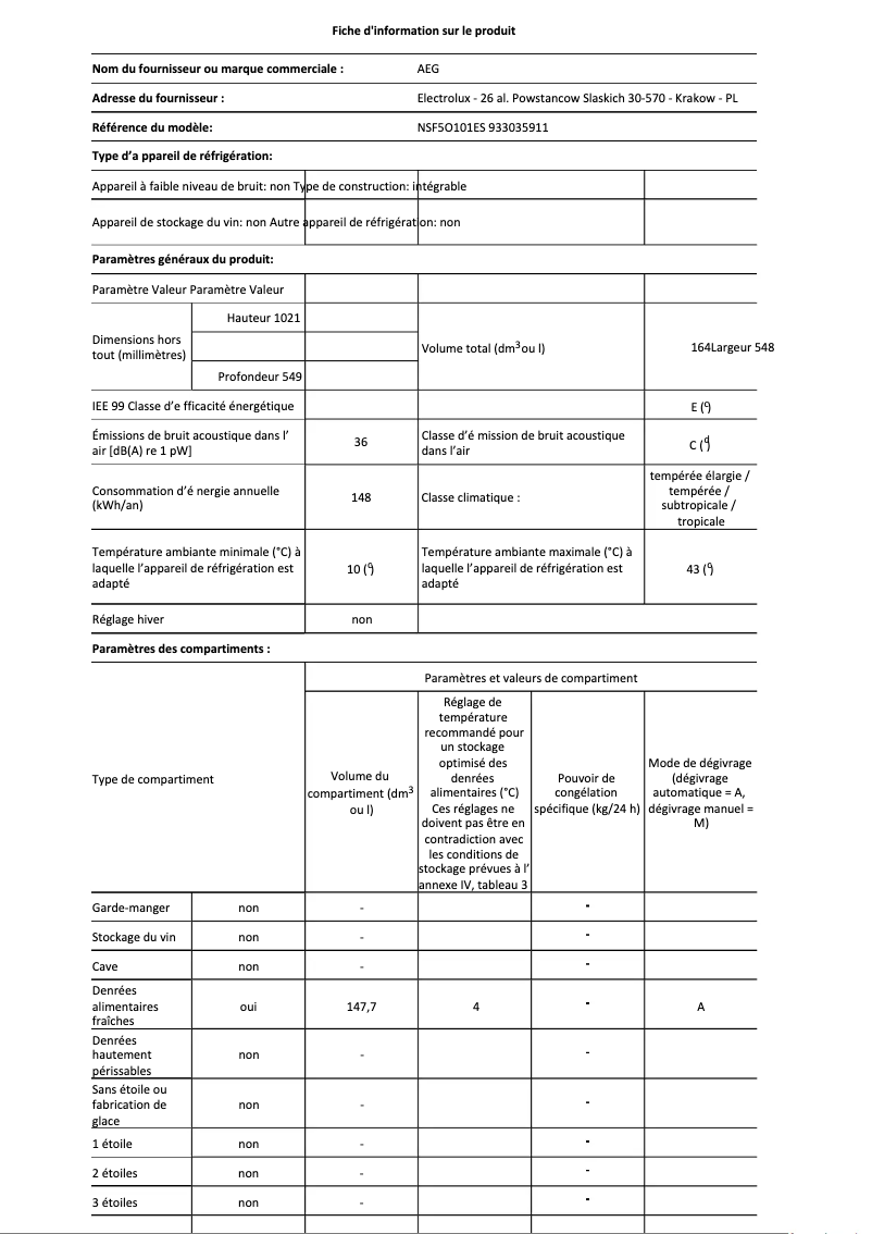 Page 1 de la notice Fiche technique AEG NSF5O101ES