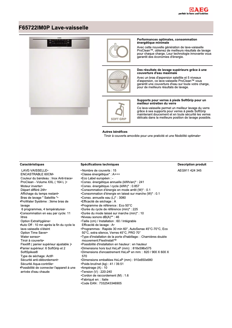 Page 1 de la notice Manuel utilisateur AEG F66782W0P