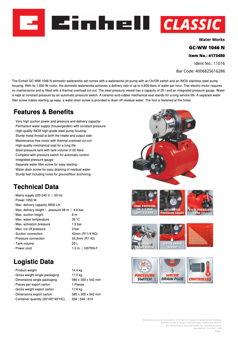 Page n°1 - Fiche technique Einhell GC-WW 1046 N