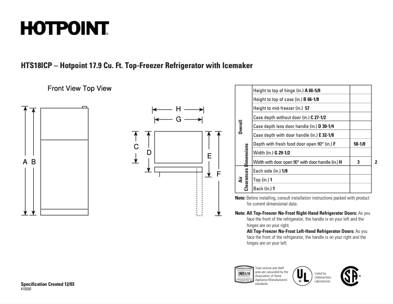 Page 1 de la notice Fiche technique Hotpoint HTS18ICPWW