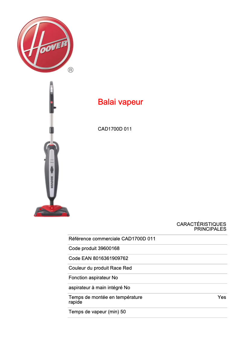 Page 1 de la notice Fiche technique Hoover Steam Capsule CAD1700D 011