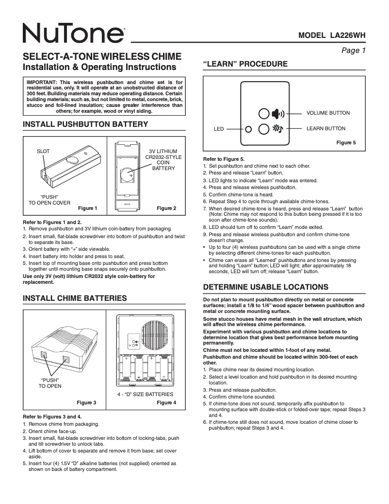 Page n°1 - Manuel utilisateur NuTone LA226WH