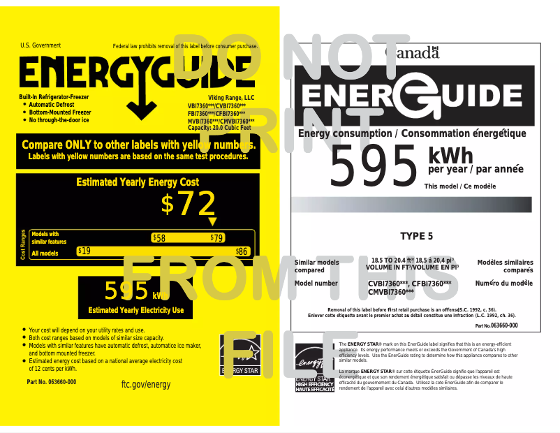 Page 1 de la notice Label énergétique Viking VBI7360WLSS