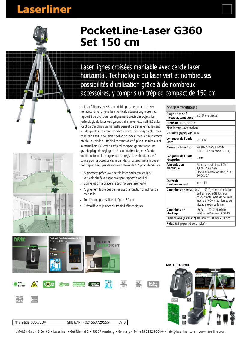 Page 1 de la notice Fiche technique Laserliner PocketLine-Laser G360