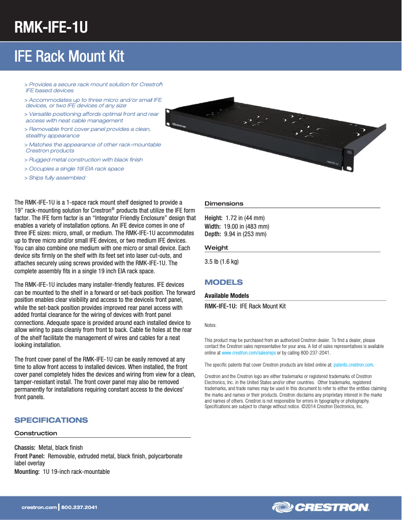 Page n°1 - Fiche technique Crestron RMK-IFE-1U