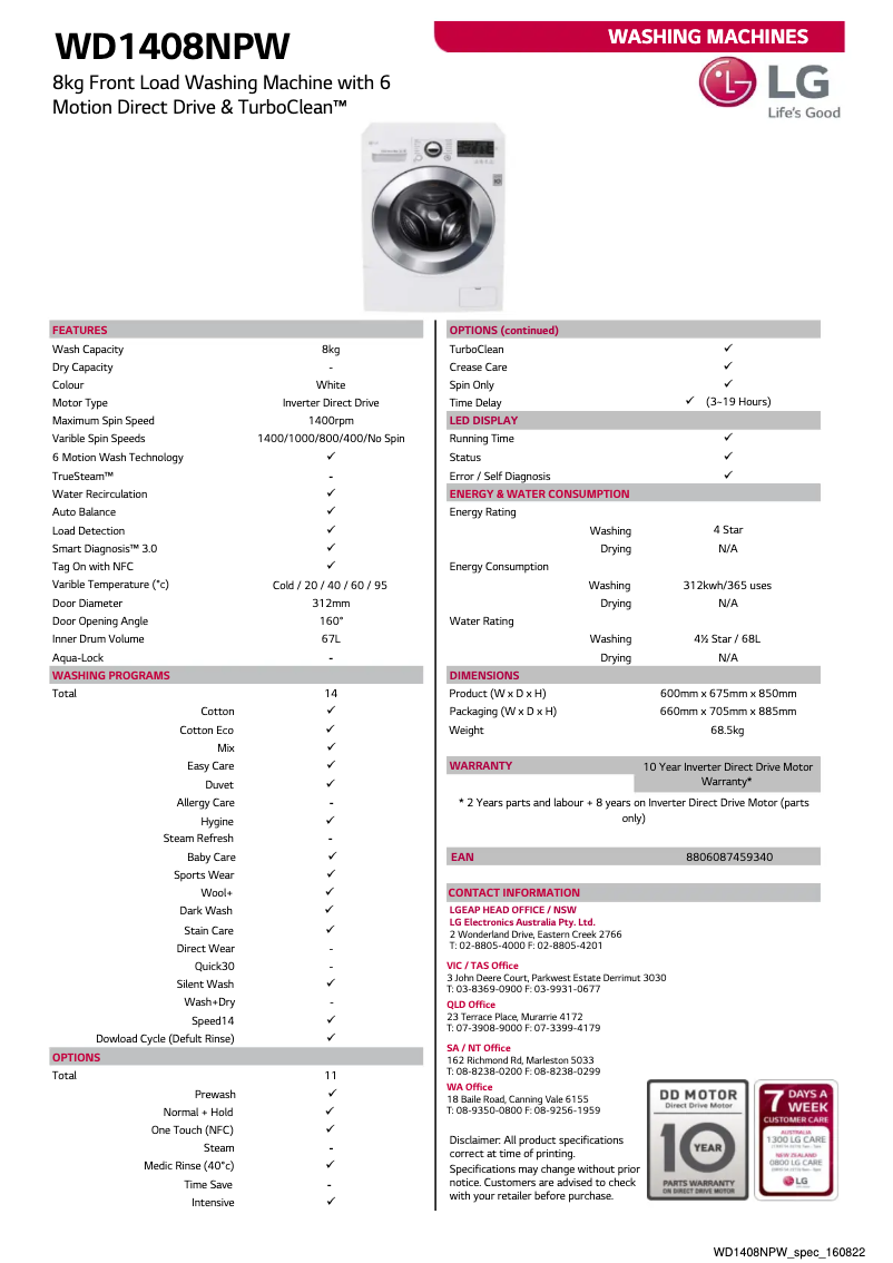 Page n°1 - Fiche technique LG WD1408NPW
