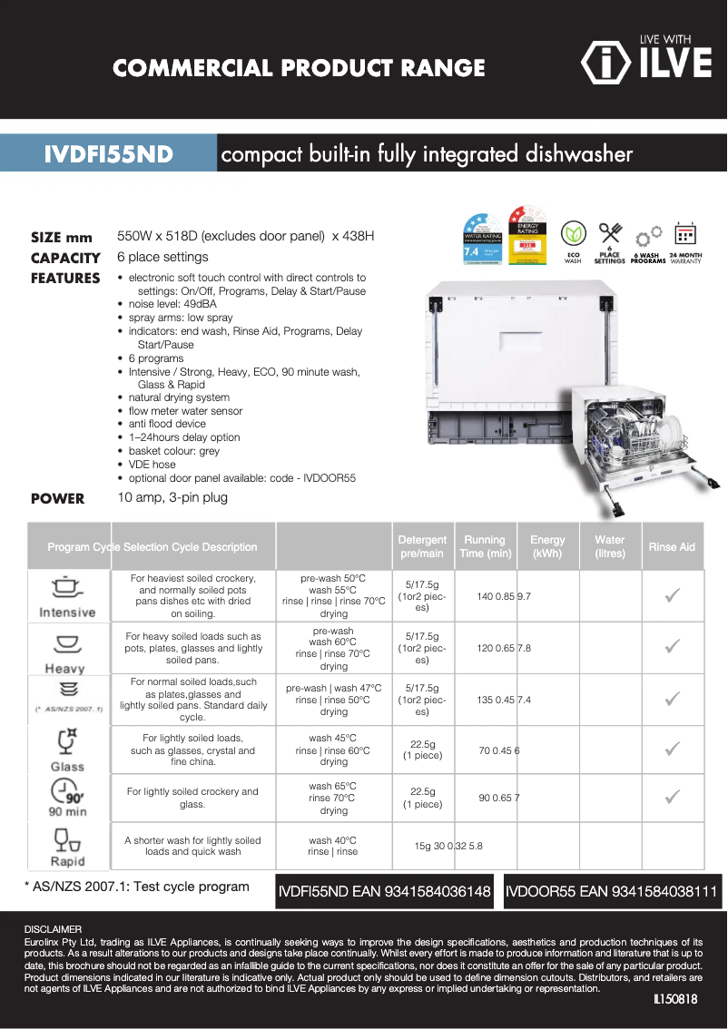 Page 1 de la notice Fiche technique Ilve IVDFI55ND