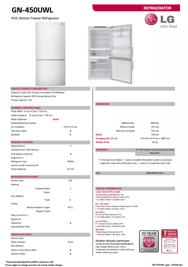 Page 1 de la notice Fiche technique LG GN-450UWL