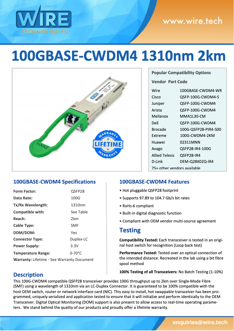 Page 1 de la notice Manuel utilisateur Wire Technologies 100GBASE-CWDM-WR