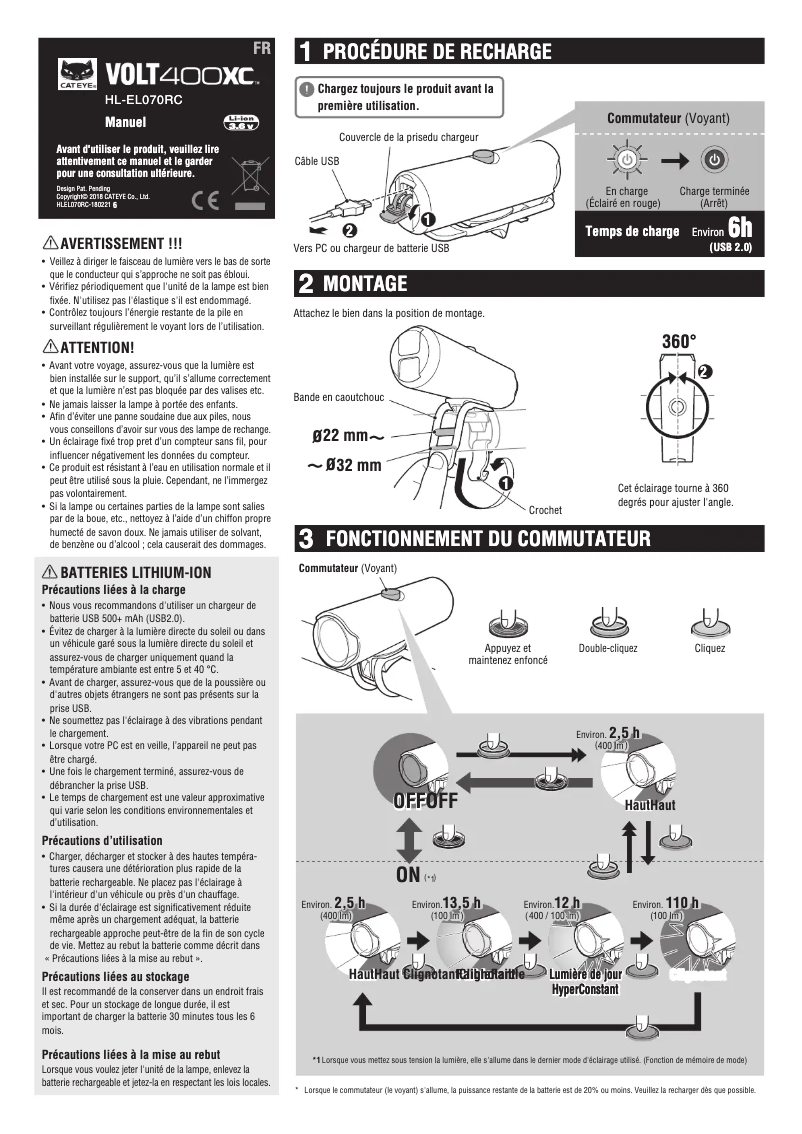 Page 1 de la notice Manuel utilisateur Cateye Volt400XC