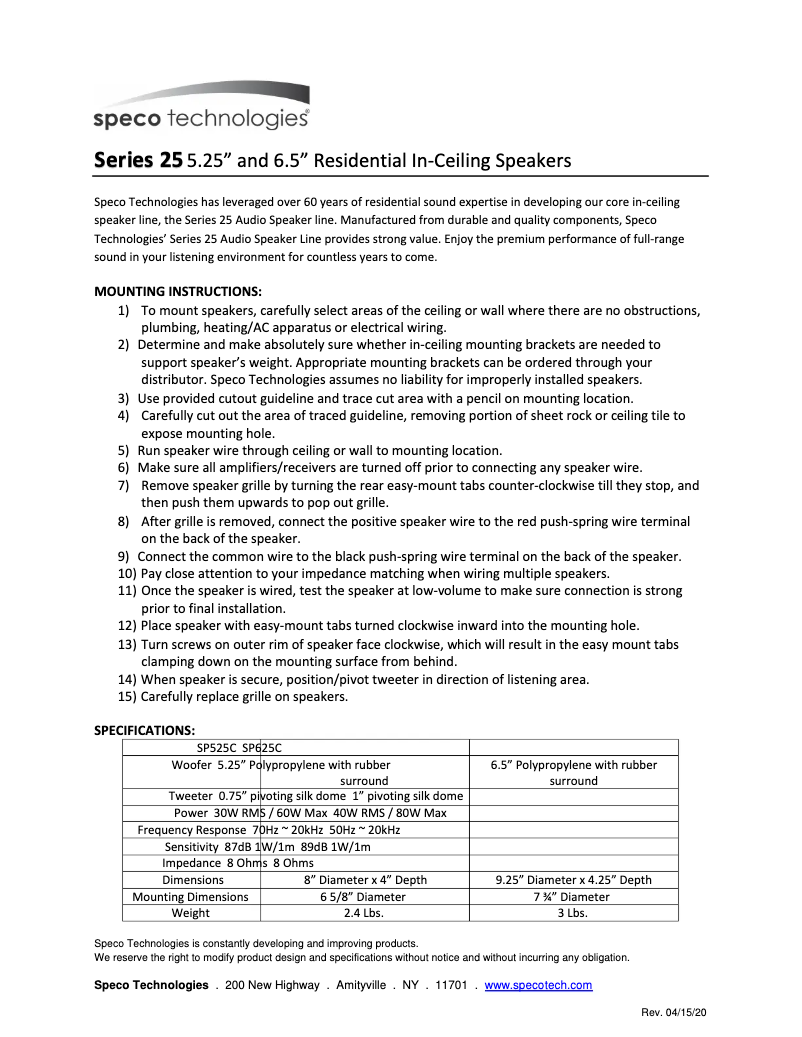 Page 1 de la notice Manuel utilisateur Speco Technologies SP625C