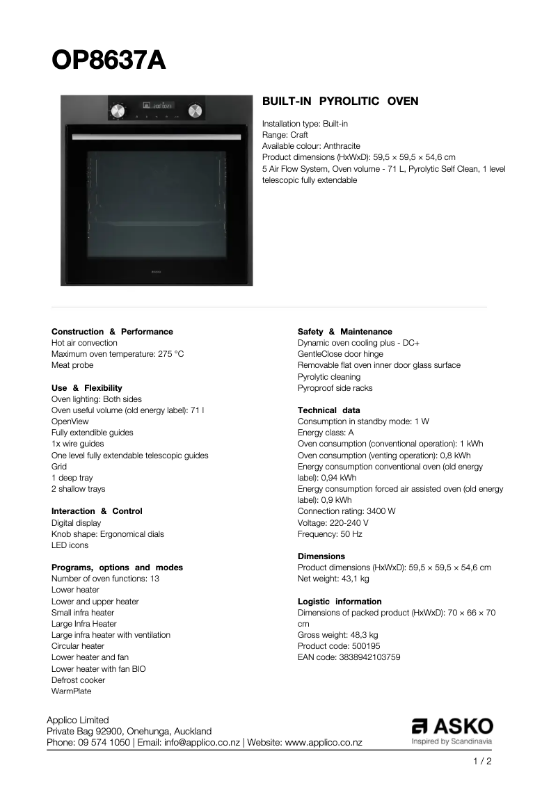 Page 1 de la notice Fiche technique Asko OP8637A