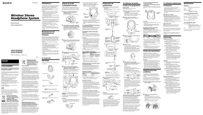 Page 1 de la notice Manuel utilisateur Sony MDR-RF840RK