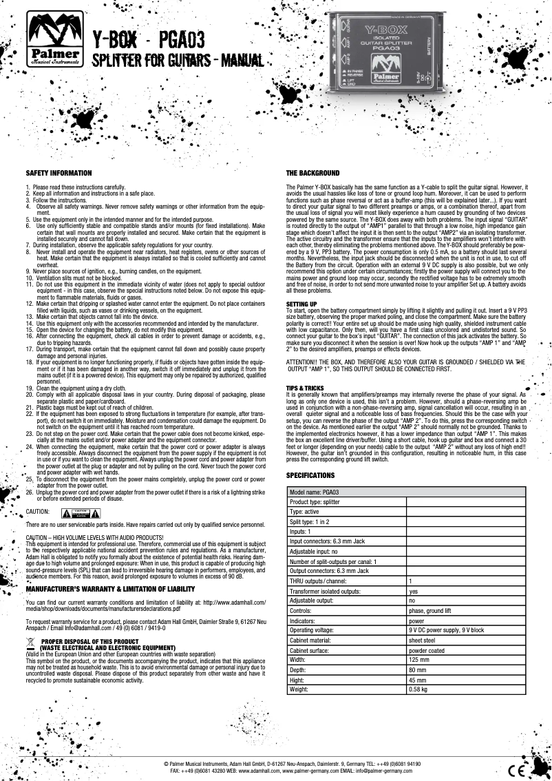 Page 1 de la notice Manuel utilisateur Palmer PGA03