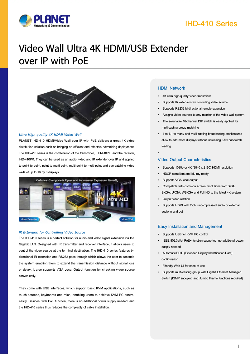 Page 1 de la notice Fiche technique Planet IHD-410PR