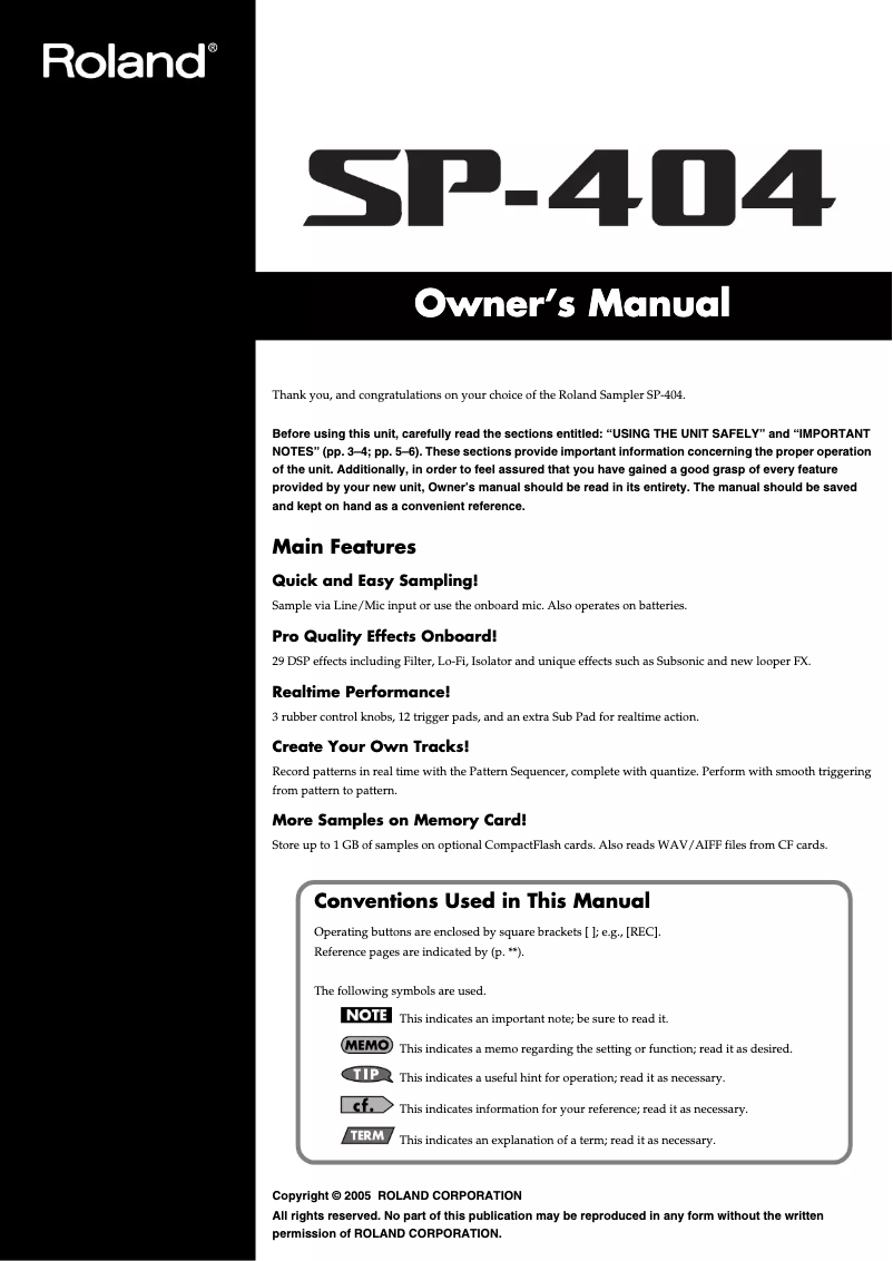 Page 1 de la notice Manuel utilisateur Roland SP-404