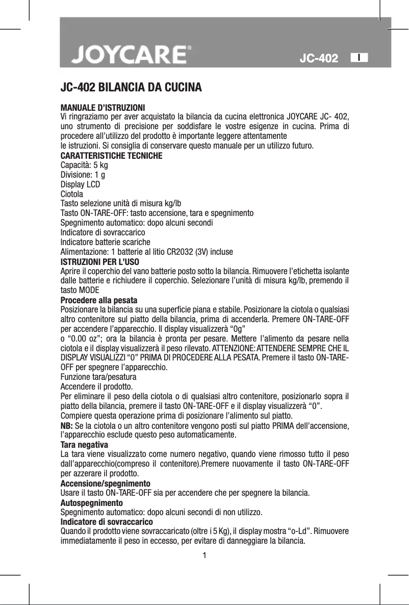 Page n°1 - Manuel utilisateur Joycare JC-402